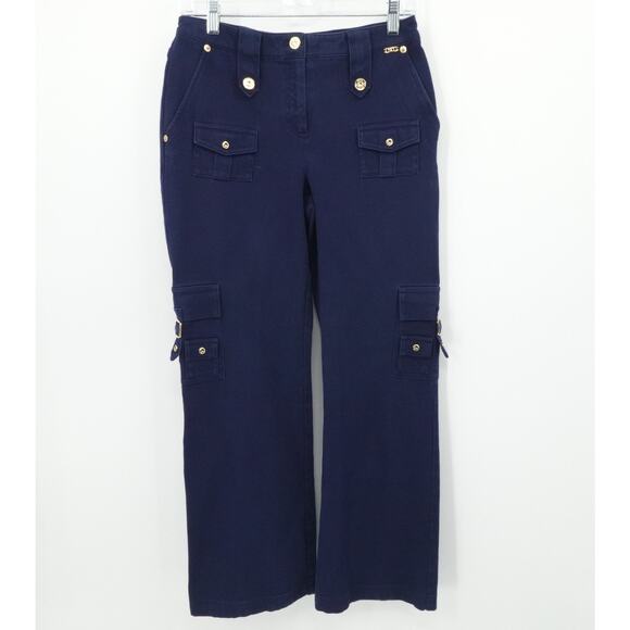 St John Sport Pants Womens 2 Navy Blue Cargo Utility Gold Button Pockets Stretch - Picture 1 of 13